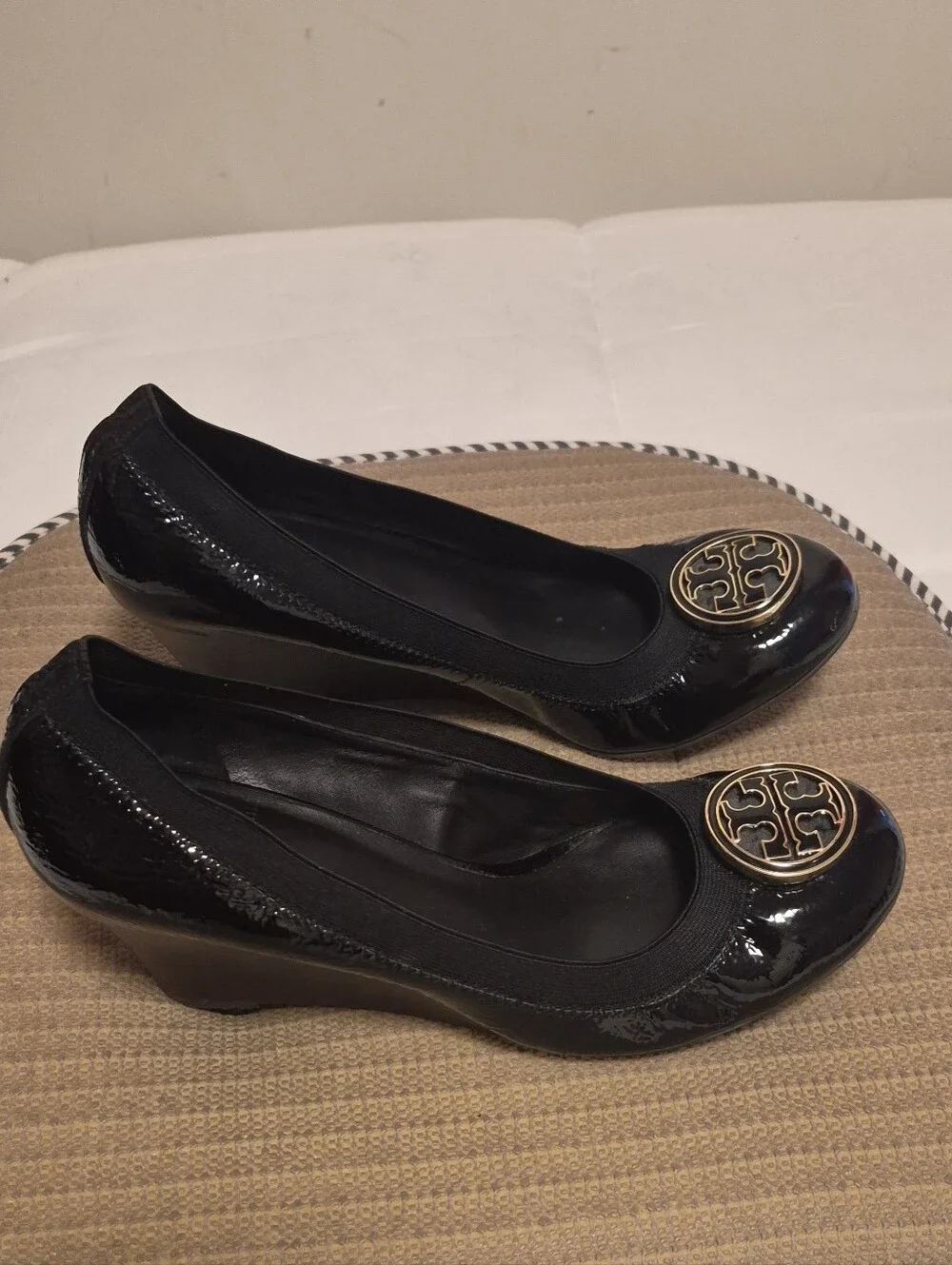 Tory Burch Black Patent Wedge Ballet Flats with Gold Logo
